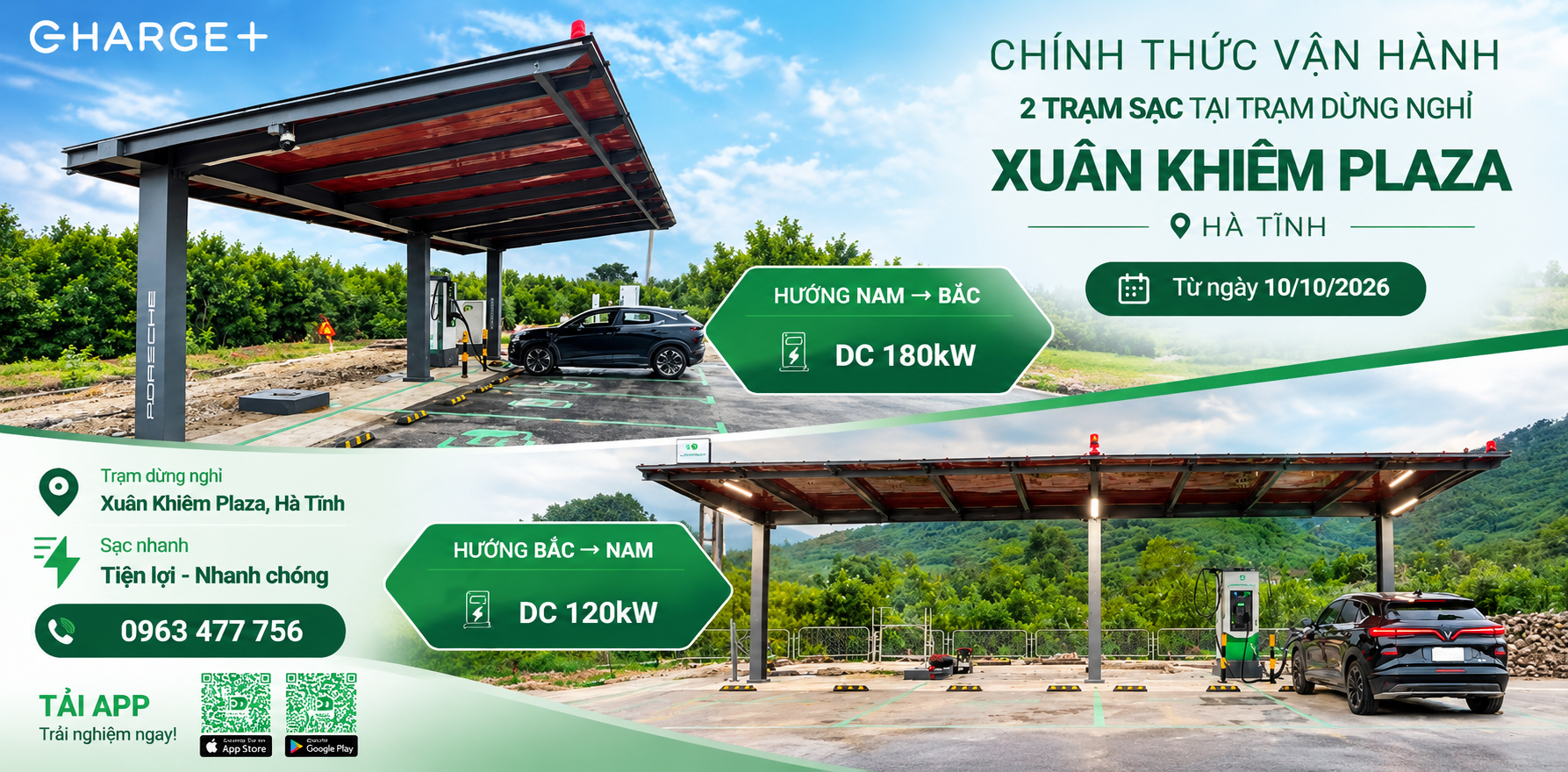 CHÍNH THỨC VẬN HÀNH TRẠM SẠC CHARGE+ TẠI TRẠM DỪNG NGHỈ XUÂN KHIÊM PLAZA - HÀ TĨNH
